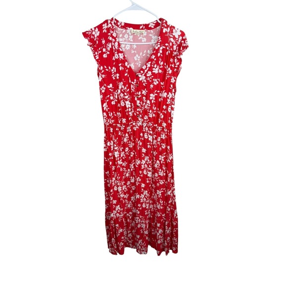 Audrey 3+1 Dress Womens Medium Red Floral V Neck Flutter Sleeve Button Midi - Picture 1 of 6